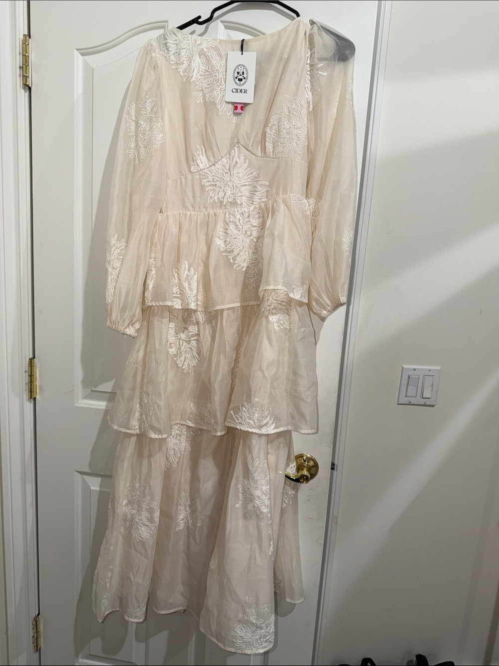 Chiffon Tiered Embroidered Dress - Cream